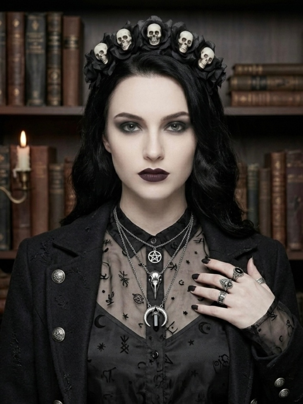 Midnight Memento Mori Rose Crown – Gothic Skull & Black Silk Floral Headband